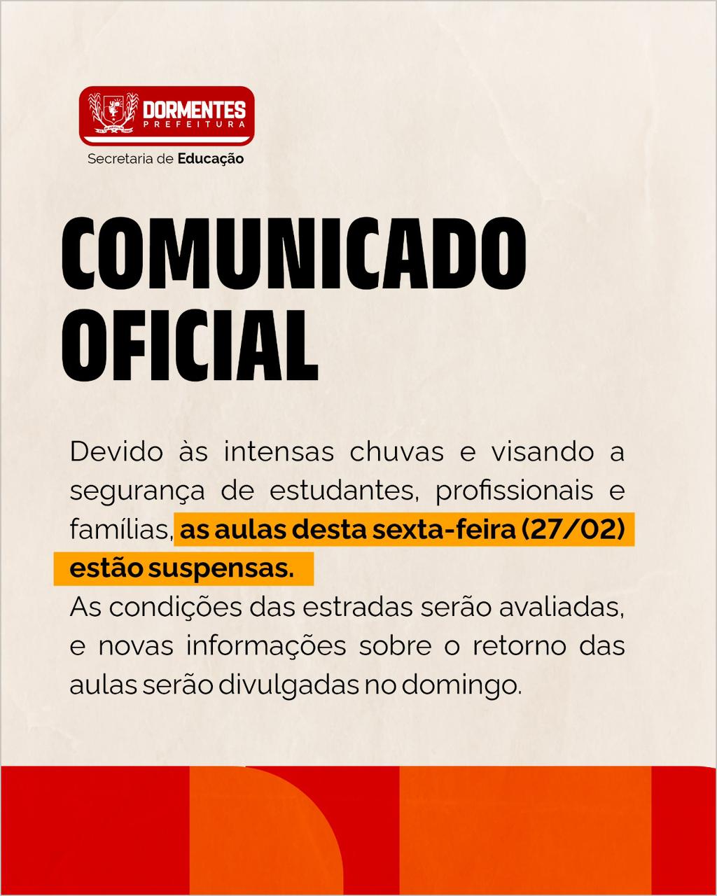 Devido as chuvas, secretaria de educação de Dormentes suspende aulas nesta sexta-feira (27)