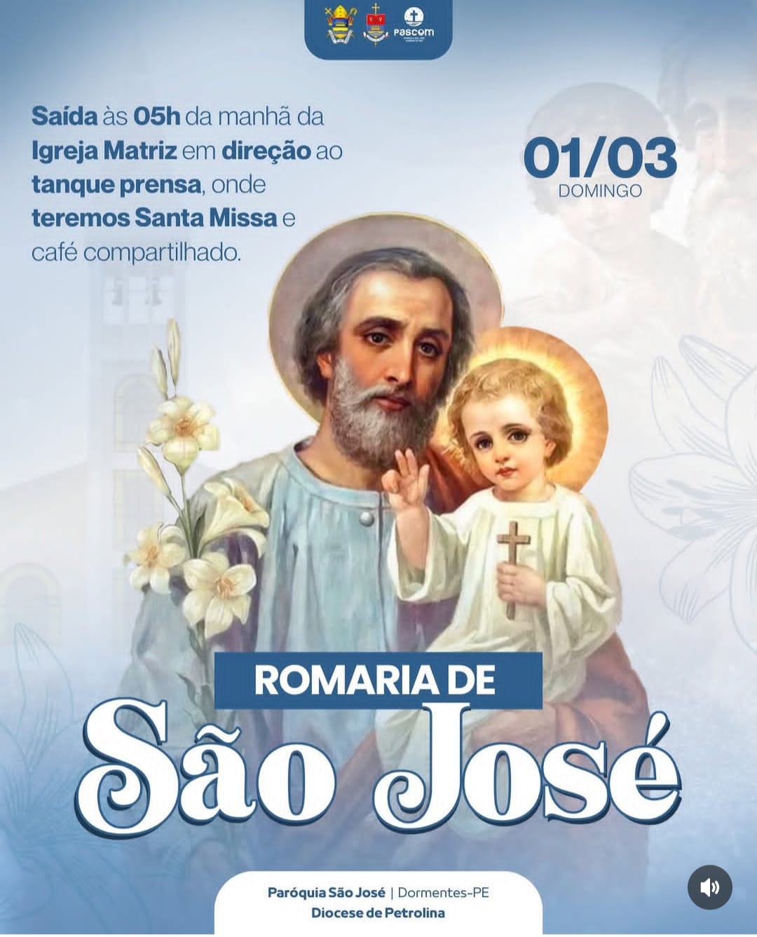 A Romaria de São José reunirá fiéis neste domingo (1º) em Dormentes, com caminhada até a Barragem da Prensa.